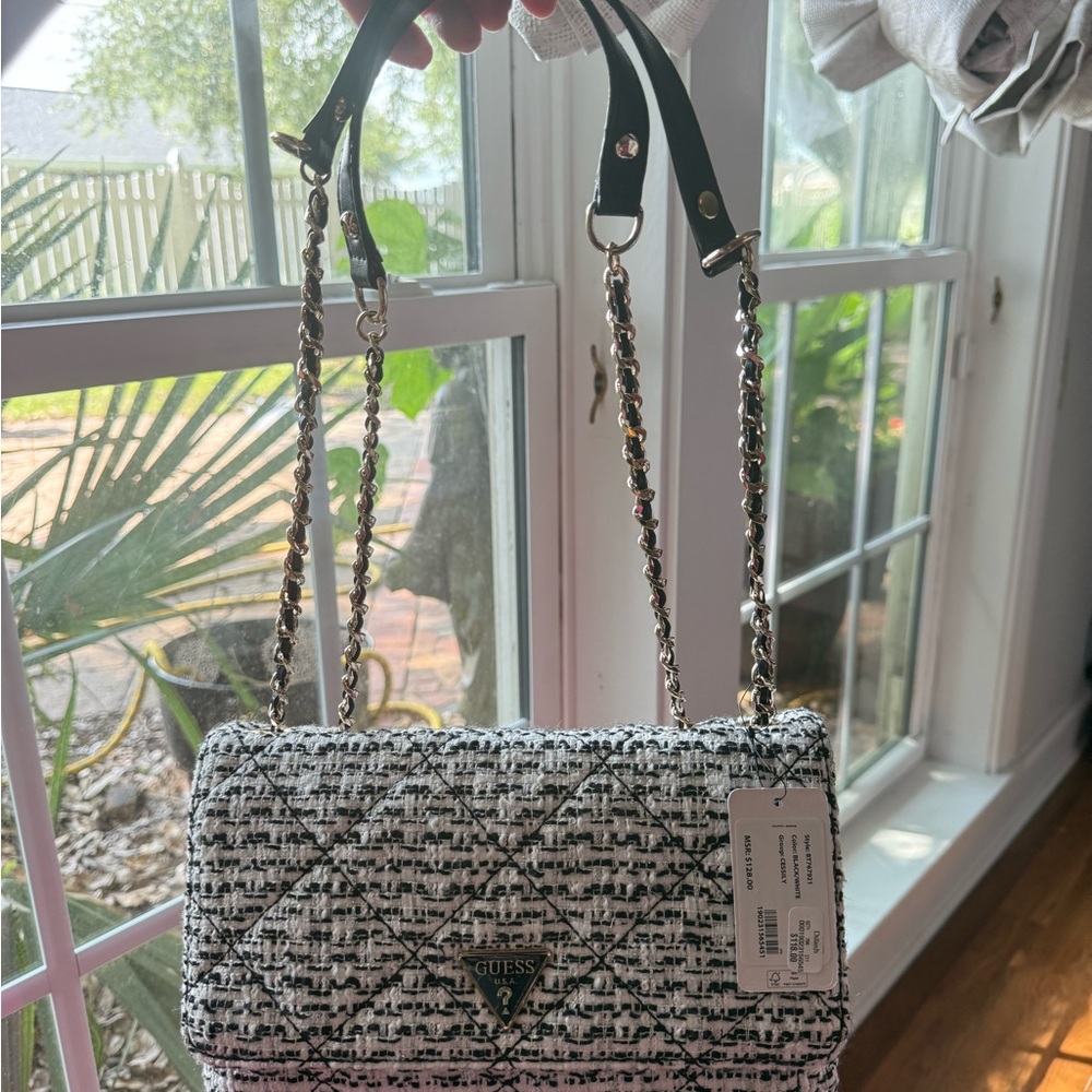 GUESS Monochrome Tweed Shoulder Bag